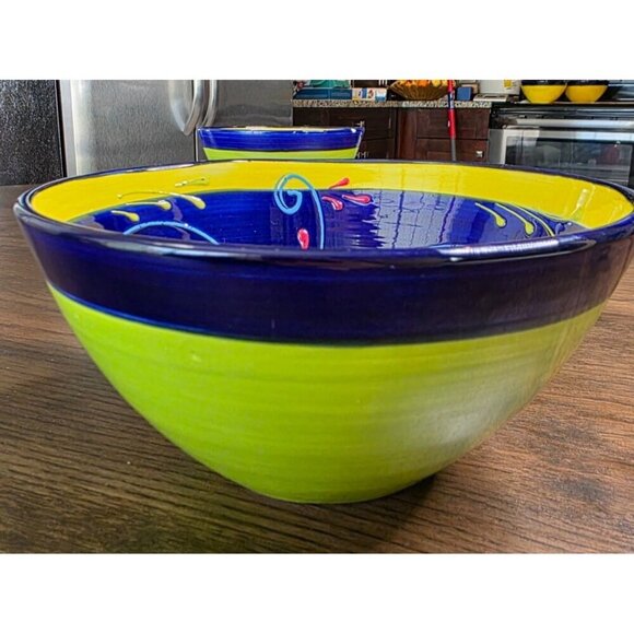 Hand-Painted Ceramic Bowl From Spain With Vibrant Blue Orange & Yellow Patterns - Picture 12 of 16